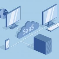 Concept of SaaS, software as a service. Cloud software on computers, mobile devices, codes, app server and database. Vector isometric illustration, isolated on blue background.